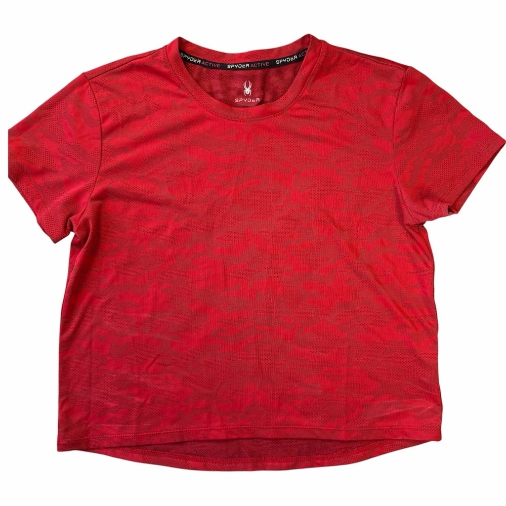 โ
NWT Spyder Red Short Sleeve Women's Tee red with subtle camo print size M